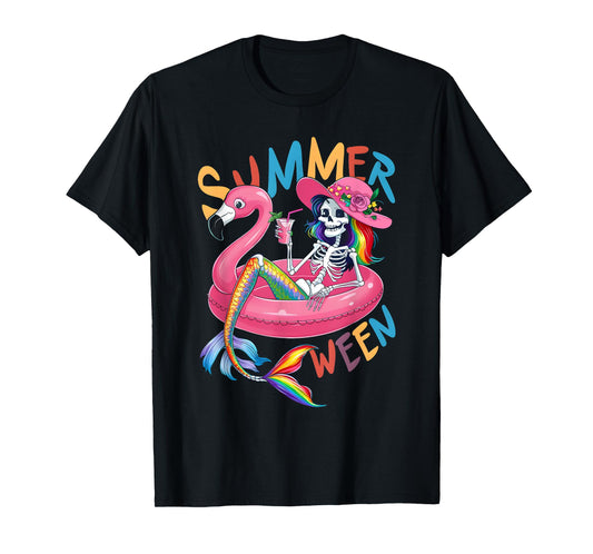 Summerween Mermaid Skeleton Flamingo Summer Halloween Women T-Shirt
