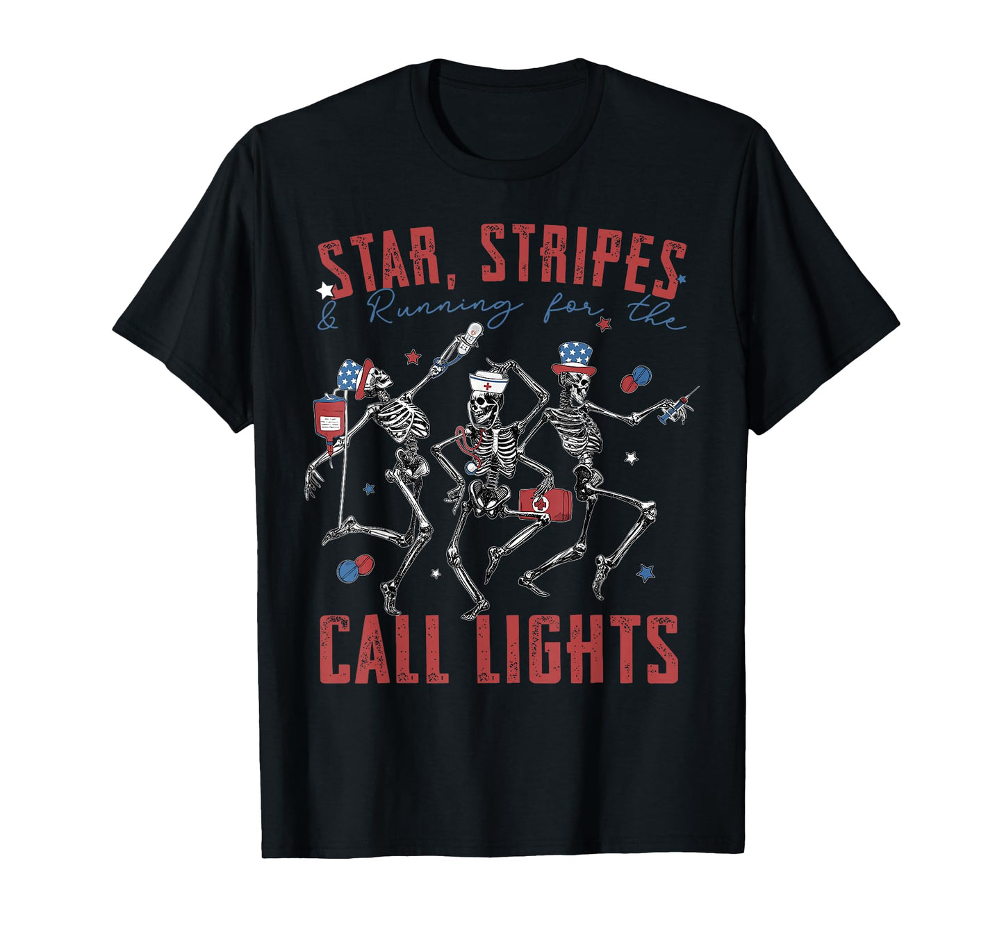 Star Stripes & Running For The Call Lights Dancing Skeleton T-Shirt