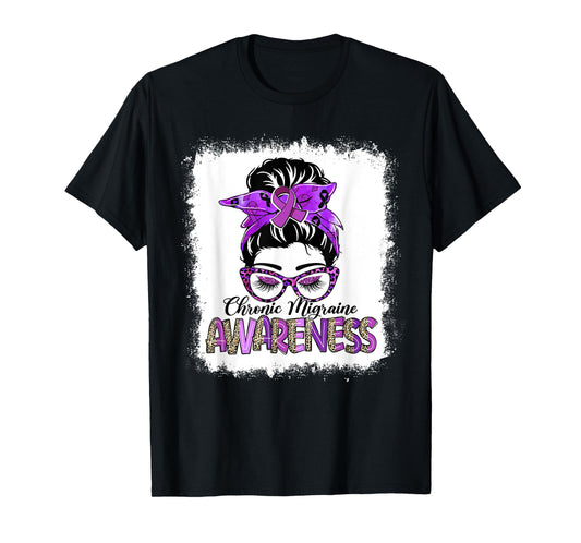 Messy Bun Purple Ribbon Chronic Migraine Awareness Gifts T-Shirt