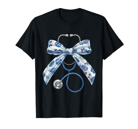 Coquette Nurse Blue Floral Stethoscope Bow for Healthcare T-Shirt