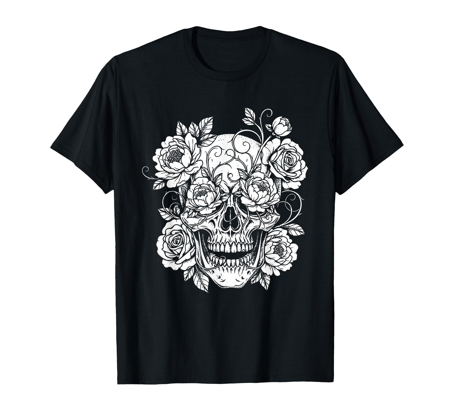 Black and White Skull with Flowers Funny Halloween T-Shirt