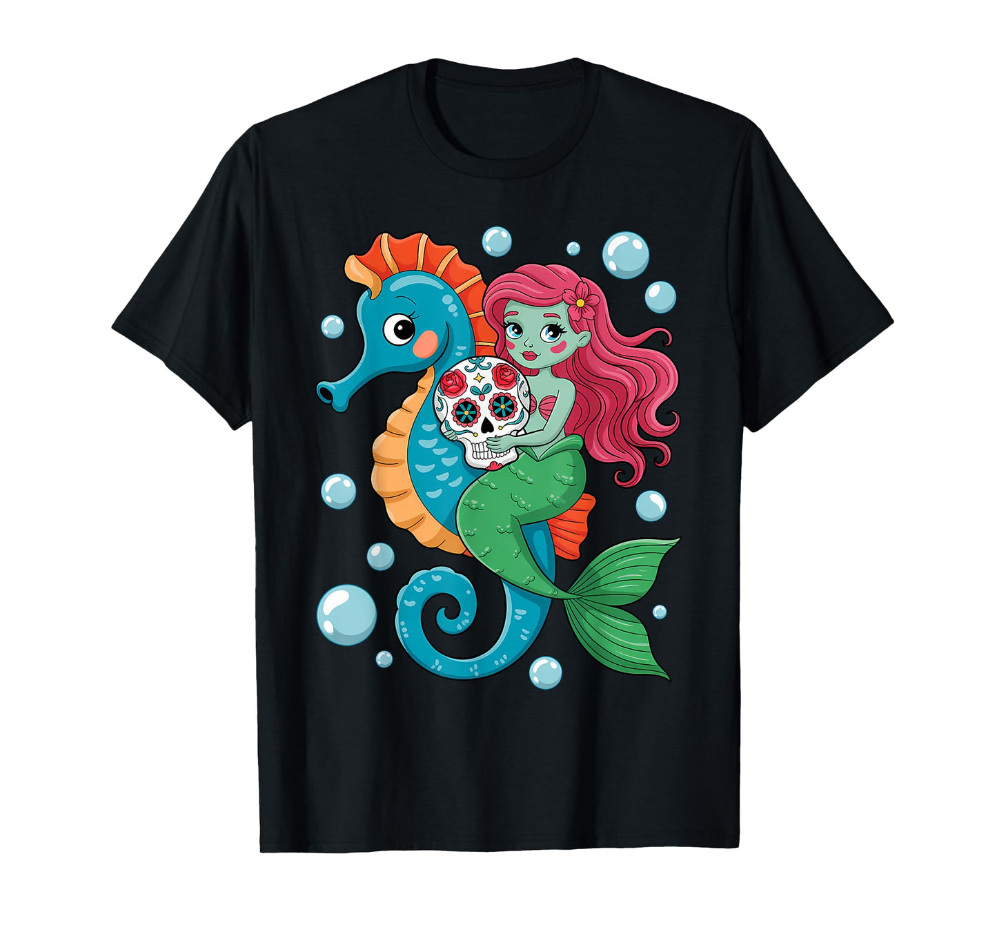 Halloween Skeleton Mermaid Sugar Skull Sea Horse T-Shirt