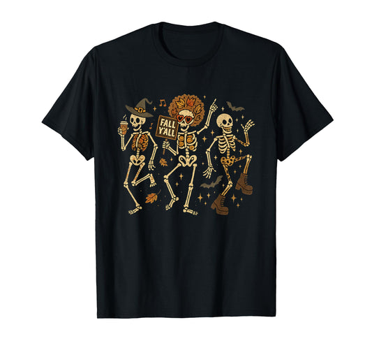 Dancing Skeletons Funny Fall Y’All Autumn Cozy Season T-Shirt