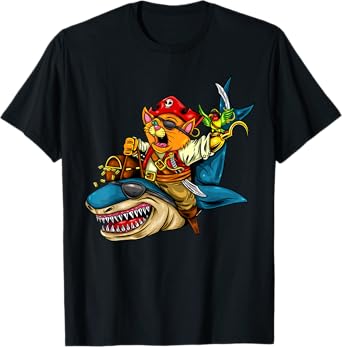 Pirate Cat Riding Pirate Shark Halloween T-Shirt for Men Women Kids