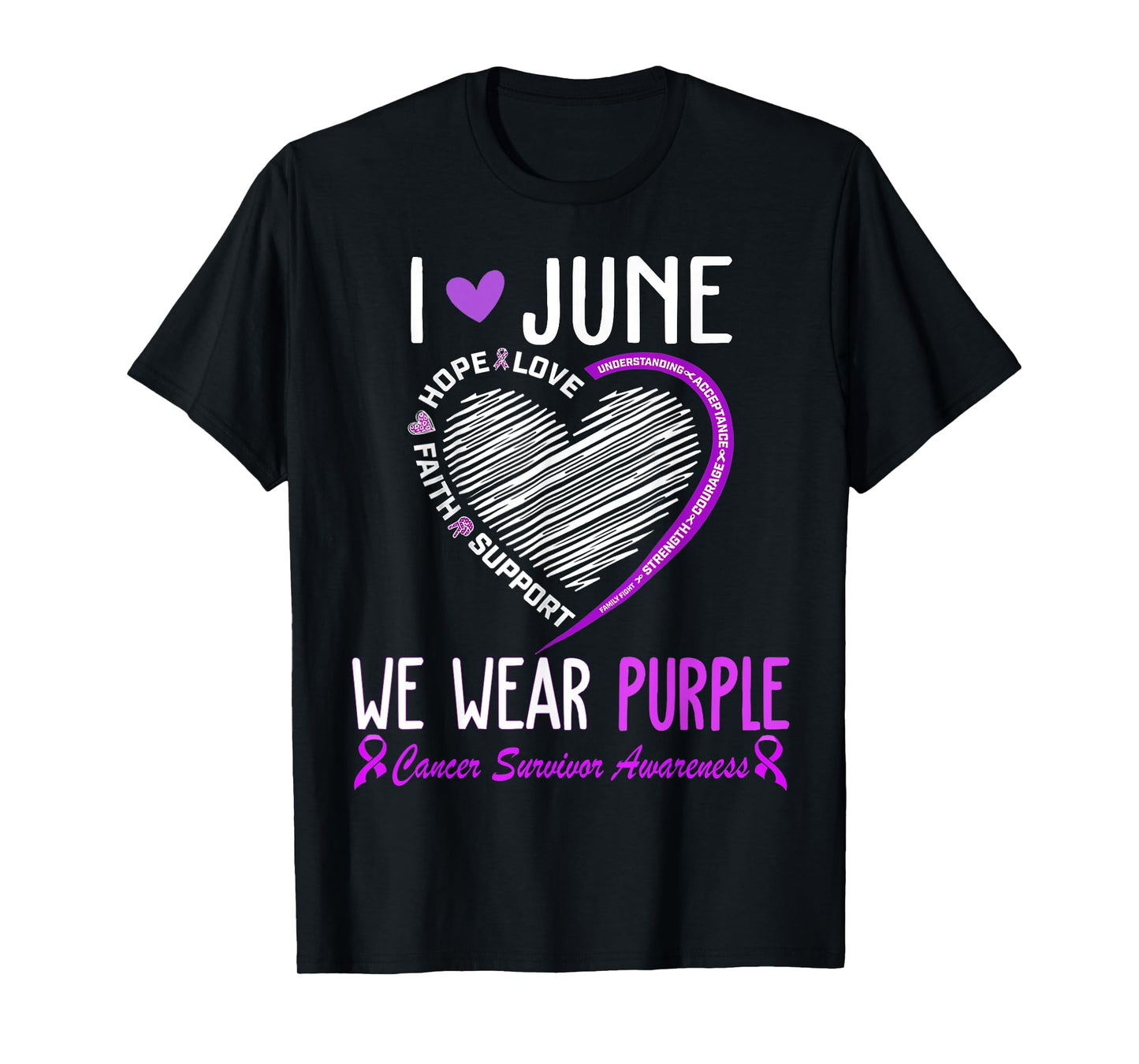 In June We Wear Purple Cancer Survivor Awareness Heart T-Shirt