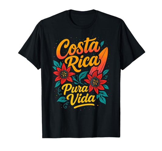 Costa Rica Pura Vida Surfboard Red Passionflowers T-Shirt