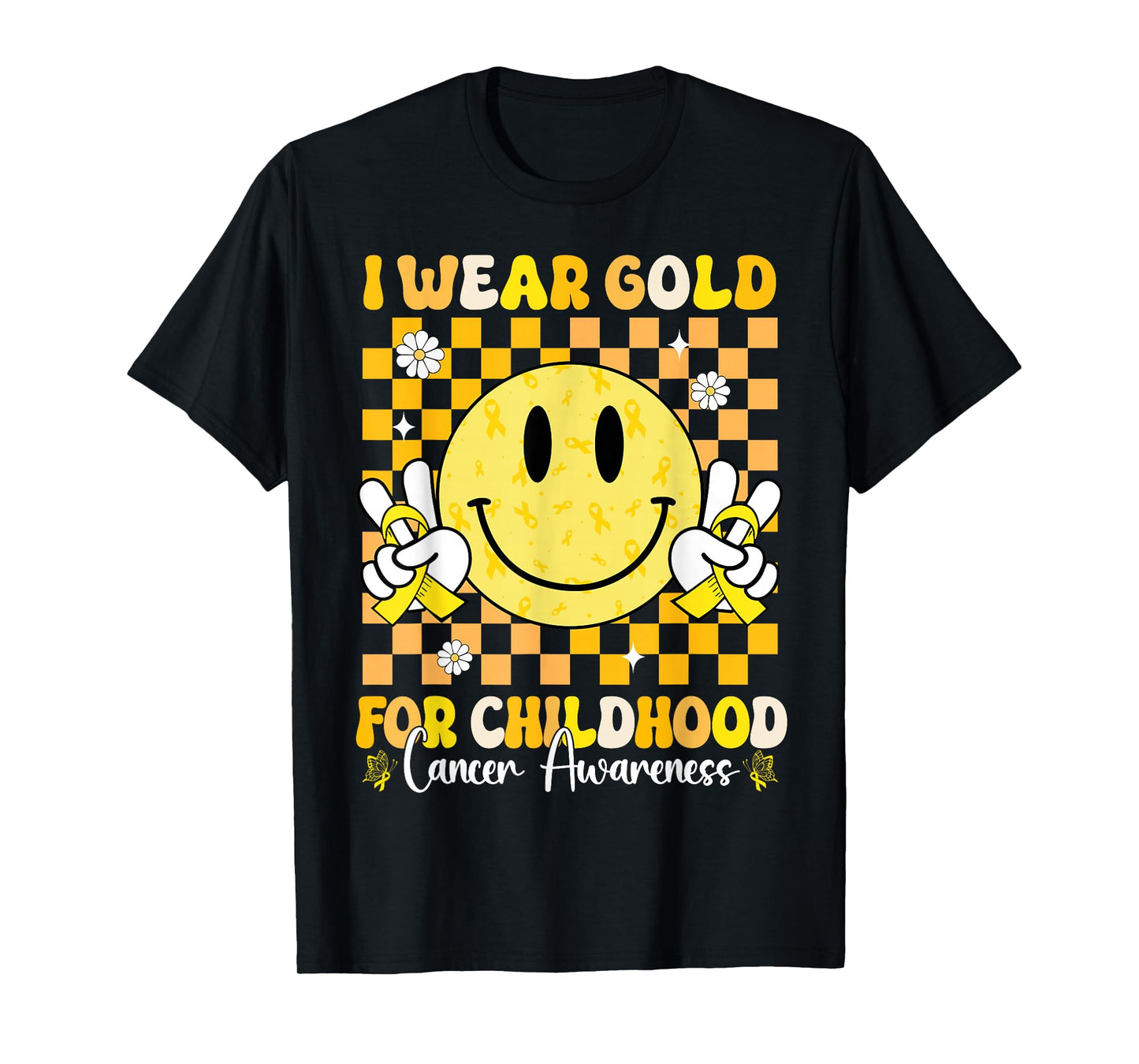 Groovy I Wear Gold For Childhood Cancer Awareness Ribbon T-Shirt