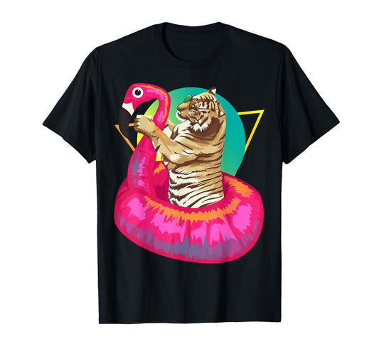 Cool Unique Tiger Chilling In Floating Flamingo Gift T-Shirt