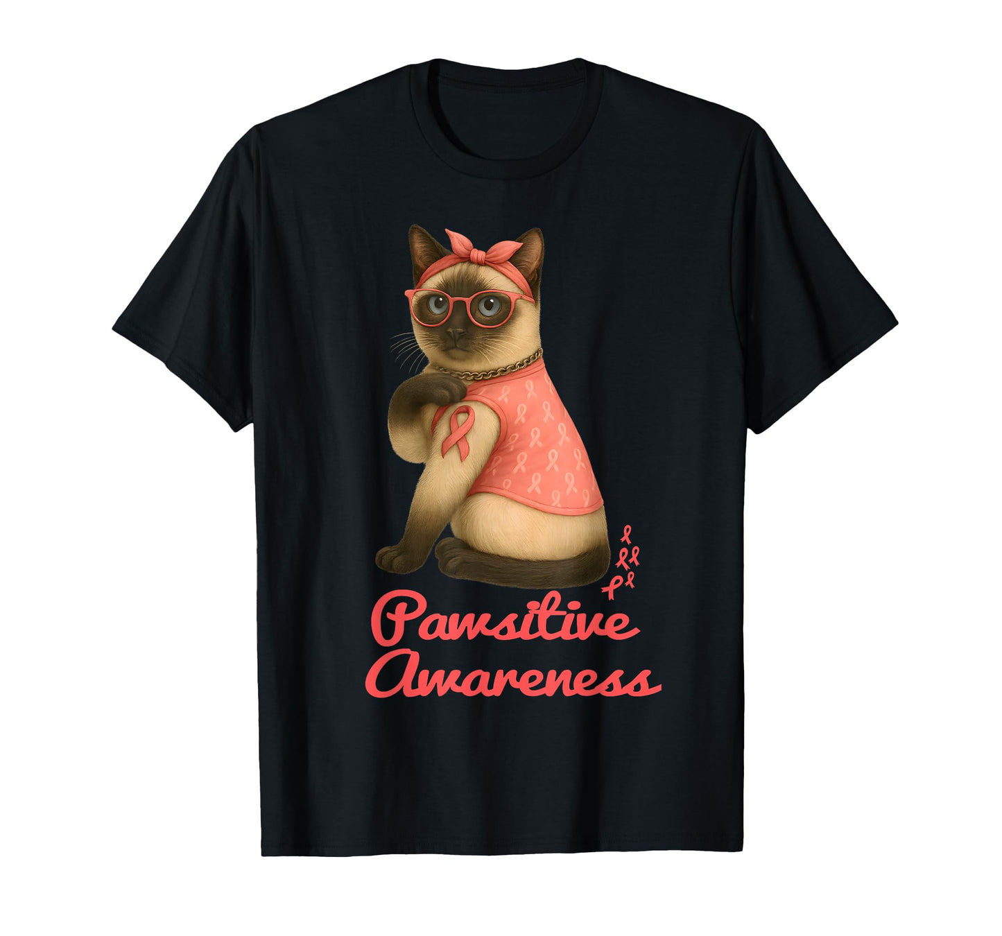 Siamese Cat Pink Ribbon Breast Cancer Awareness Kitty T-Shirt