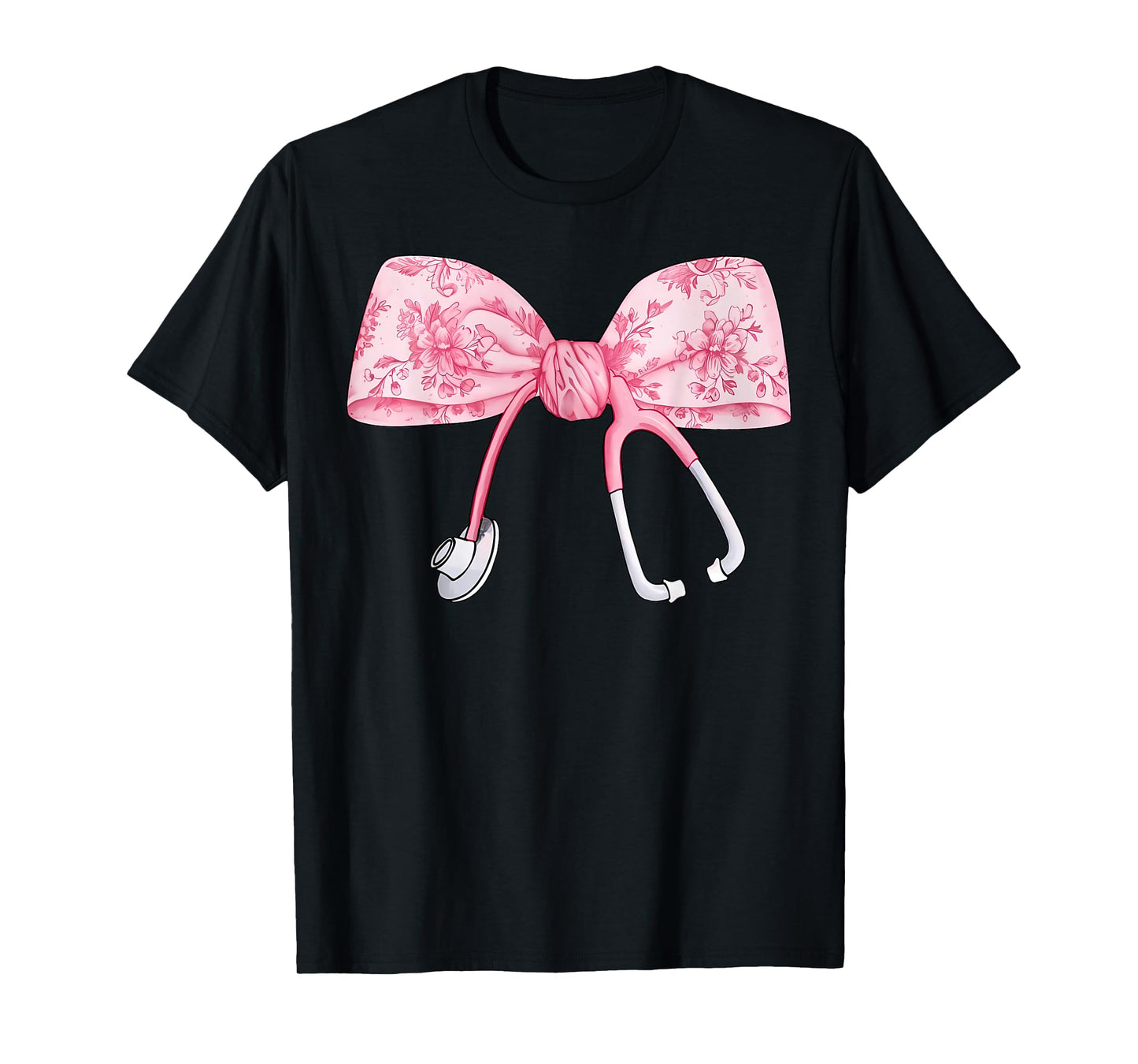 Floral Cute Pink Coquette Bow Stethoscope Registered Nurse T-Shirt