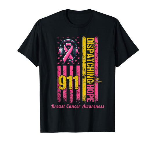 911 Dispatcher Breast Cancer Awareness American Flag T-Shirt