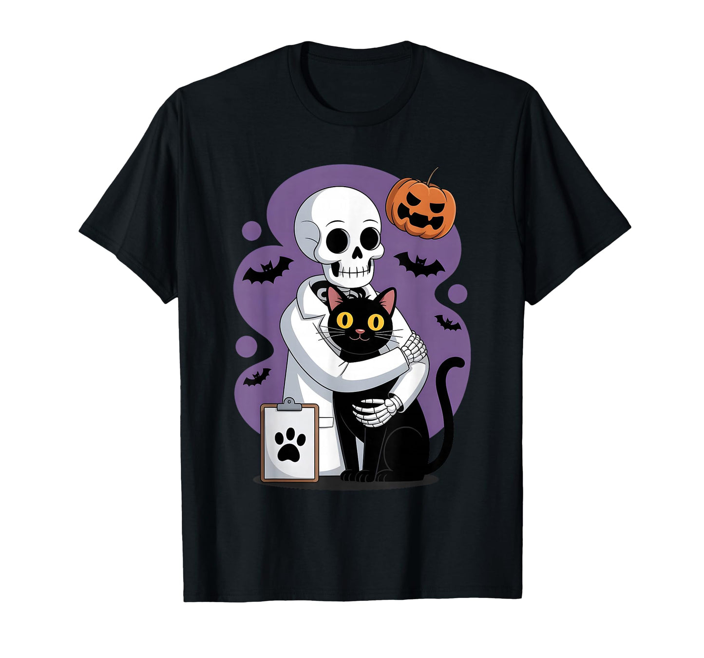 Skeleton Hugging Cat Funny Vet Cat Lover Halloween Men Women T-Shirt