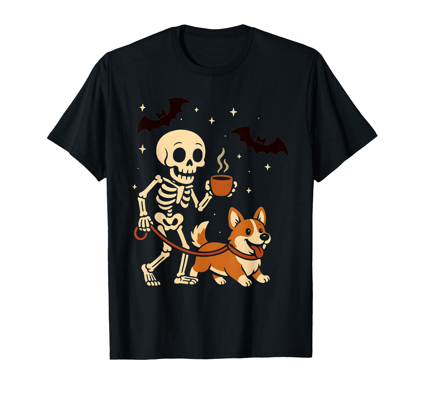 Skeleton Walking Corgi Dog Coffee Lovers Funny Halloween T-Shirt