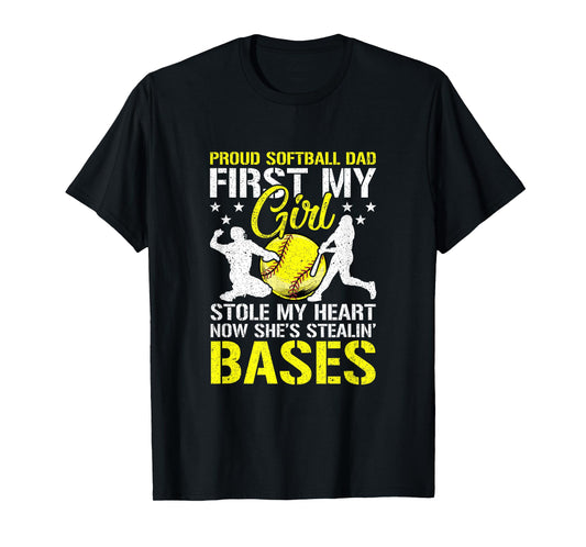 Softball Dad Girl Stole My Heart Stealing Bases Fathers Day T-Shirt