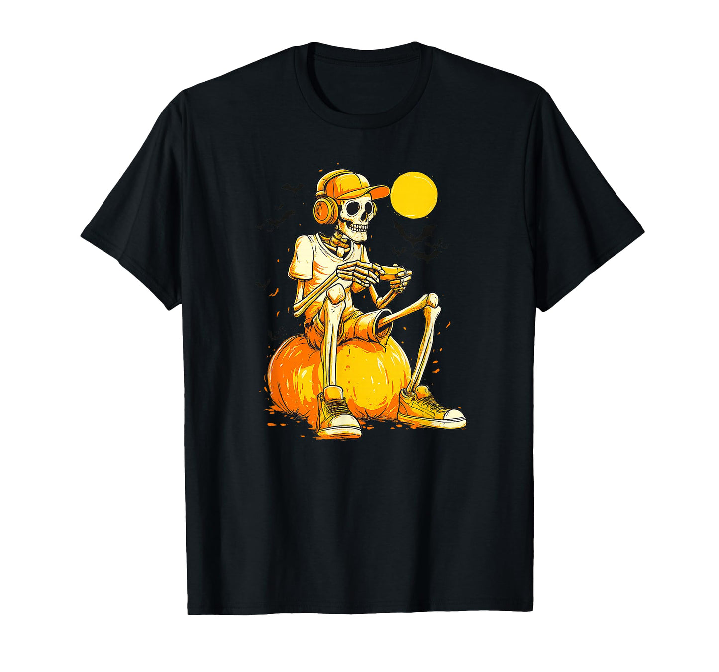 Gamer Skeleton on Pumpkin Halloween Design T-Shirt