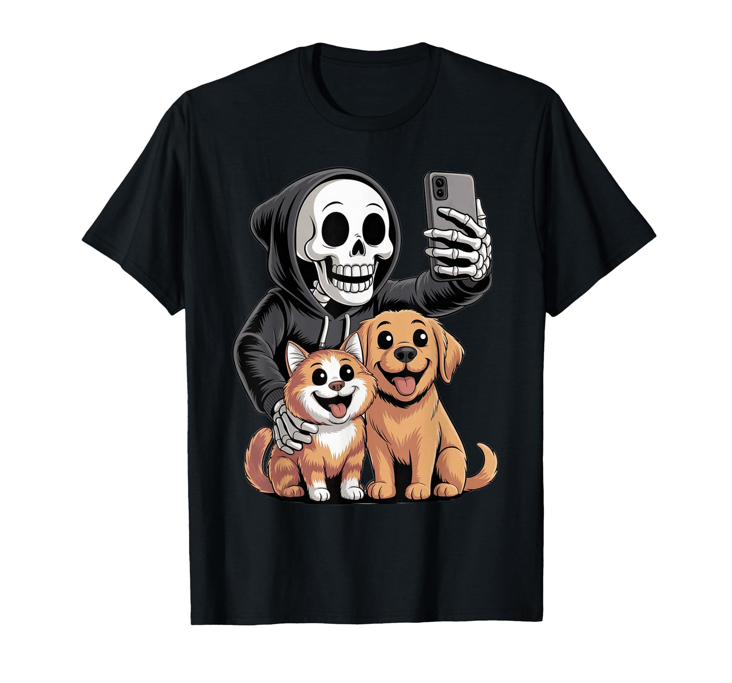 Skeleton Selfie with Pets Funny Halloween Boys Girls Kids T-Shirt