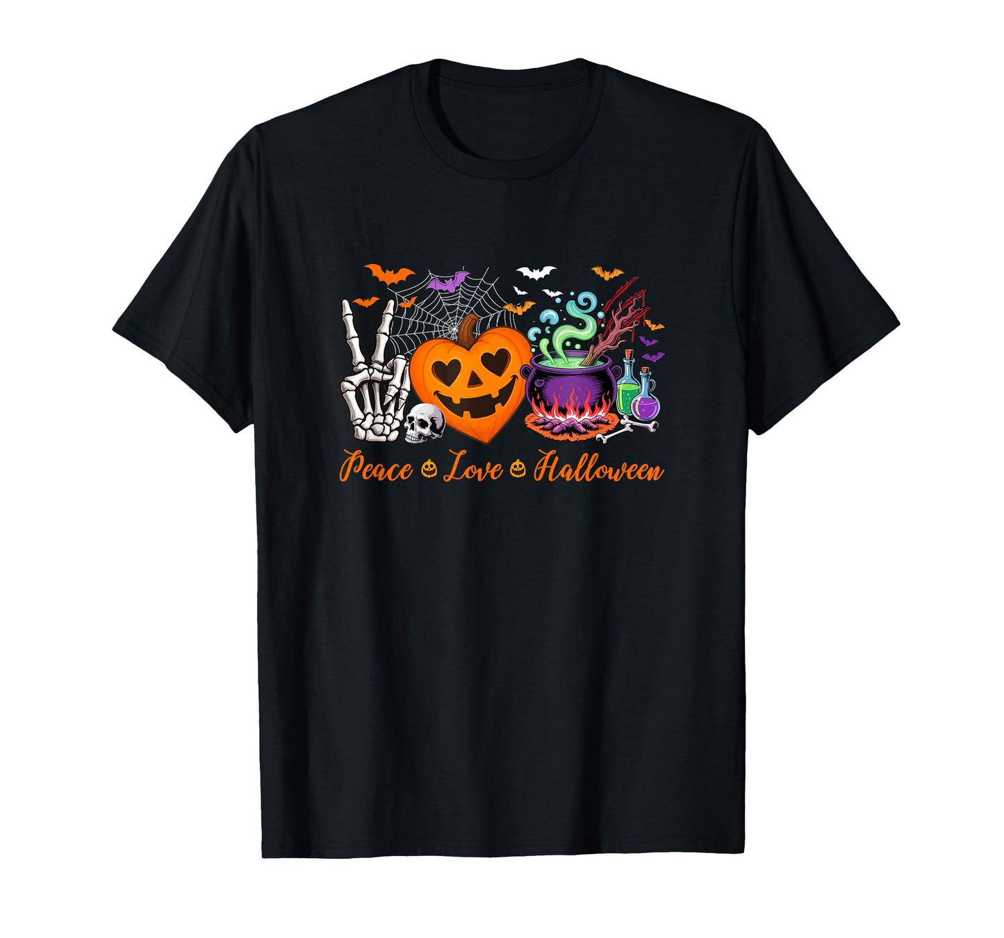Peace Love Halloween Skeleton Hand Horror Heart Shape T-Shirt