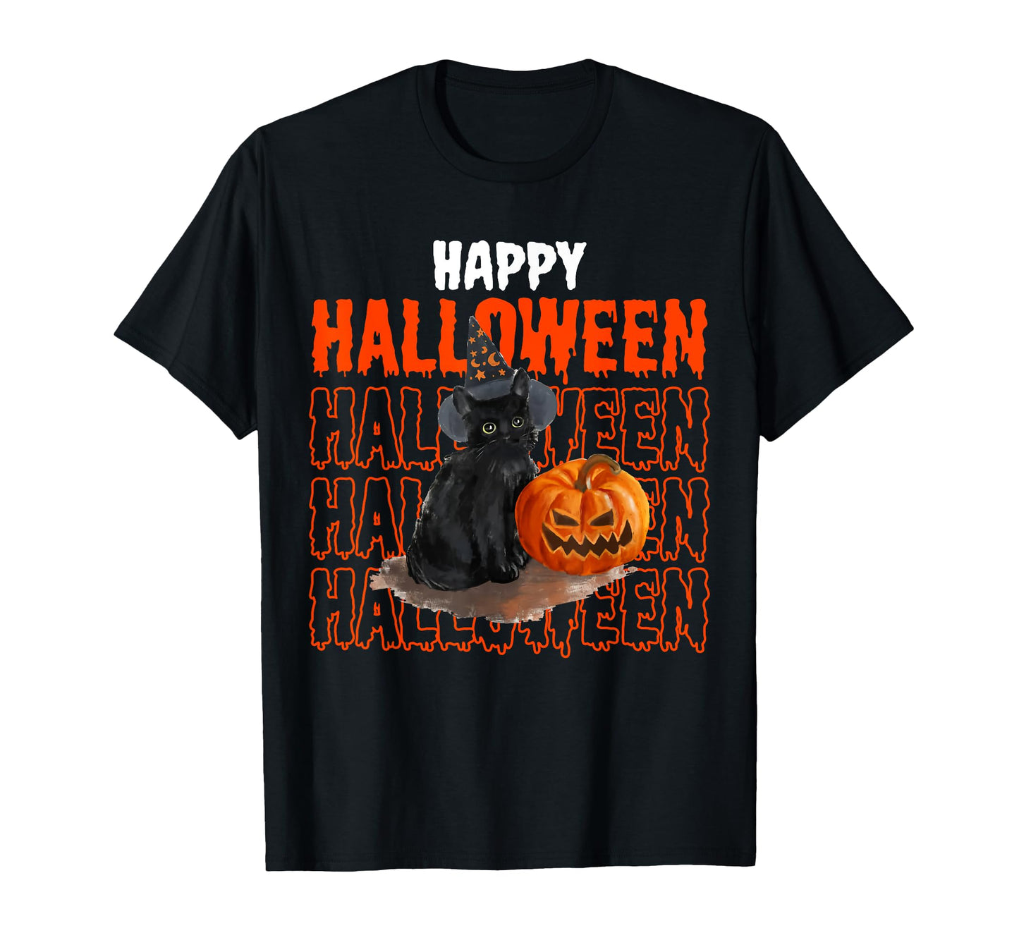 Happy Halloween Cute Black Cat with Pumpkin Witch Wishing T-Shirt