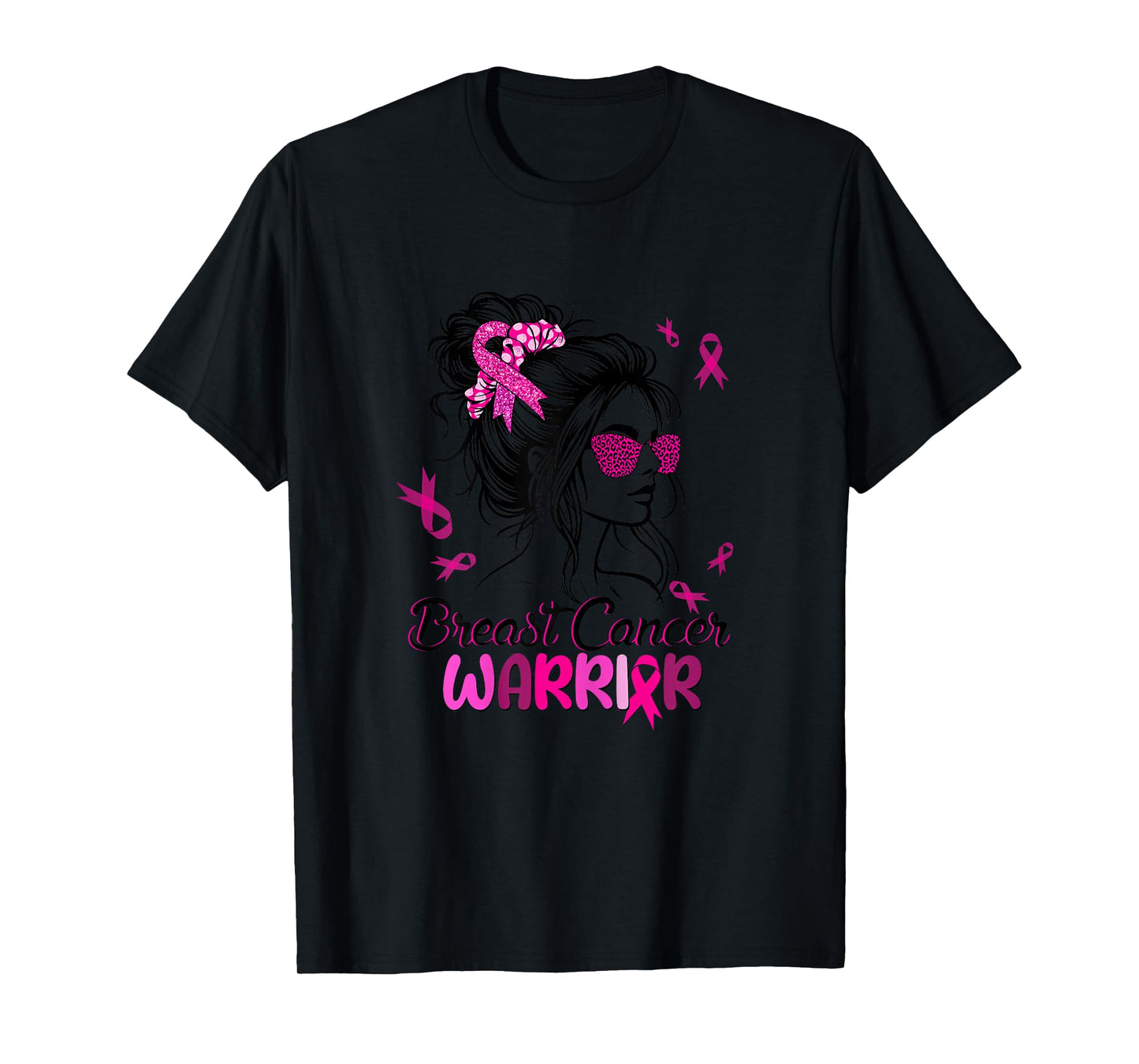 Pink Messy Bun Ribbon Breast Cancer Warrior Survivor Women T-Shirt