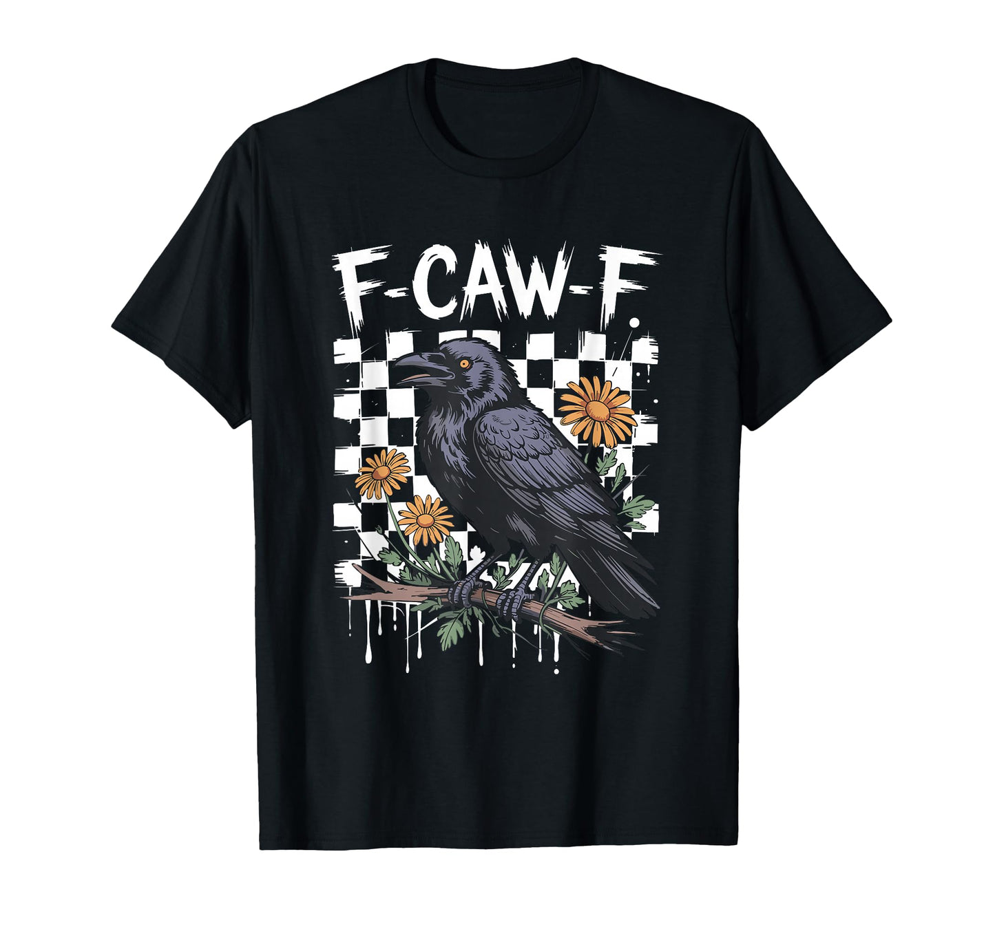 Checkered Floral Crow Raven F-CAW-F Halloween Dark Bird T-Shirt