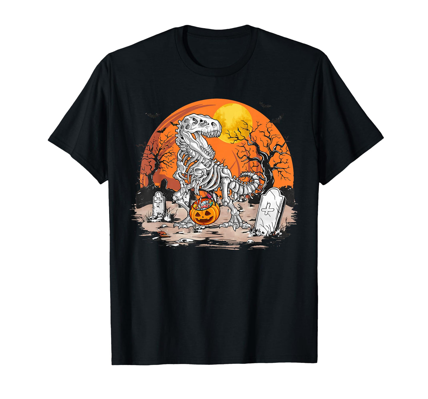 Retro Halloween Boys Dinosaur Skeleton Scary Pumpkin Moon T-Shirt