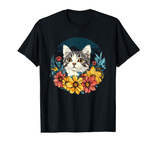 Cute Cat With Flowers Vintage Floral Art T-Shirt
