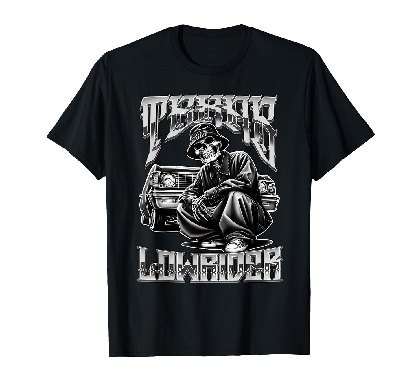 Texas Low Rider Chicano Tattoo Art Old School Cholo Skeleton T-Shirt
