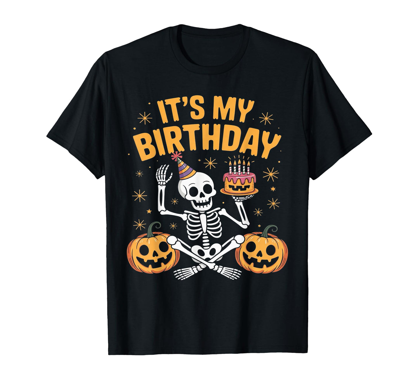 Skeleton Birthday Party Fun with Pumpkins and Cake T-Shirt