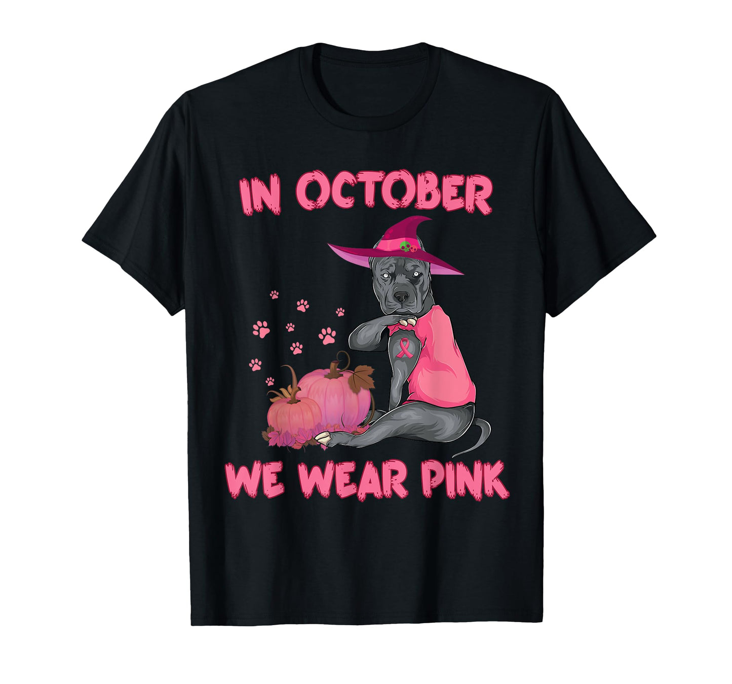 In October We Wear Pink Pitbull Dog Breast Cancer Halloween Men Women Girls Kids T-Shirt