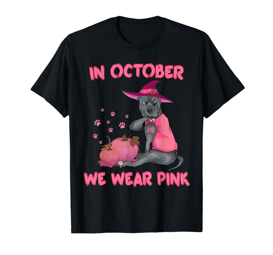 In October We Wear Pink Pitbull Dog Breast Cancer Halloween Men Women Girls Kids T-Shirt