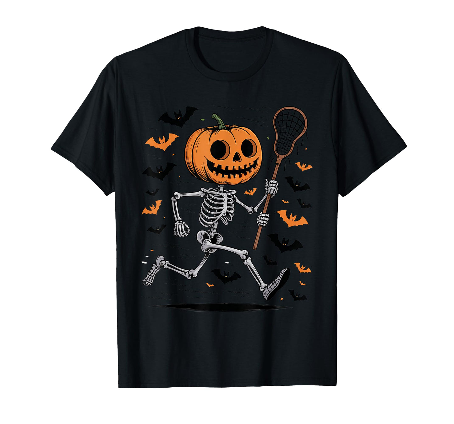 Pumpkin Skeleton Playing Lacrosse Halloween Spooky Season T-Shirt
