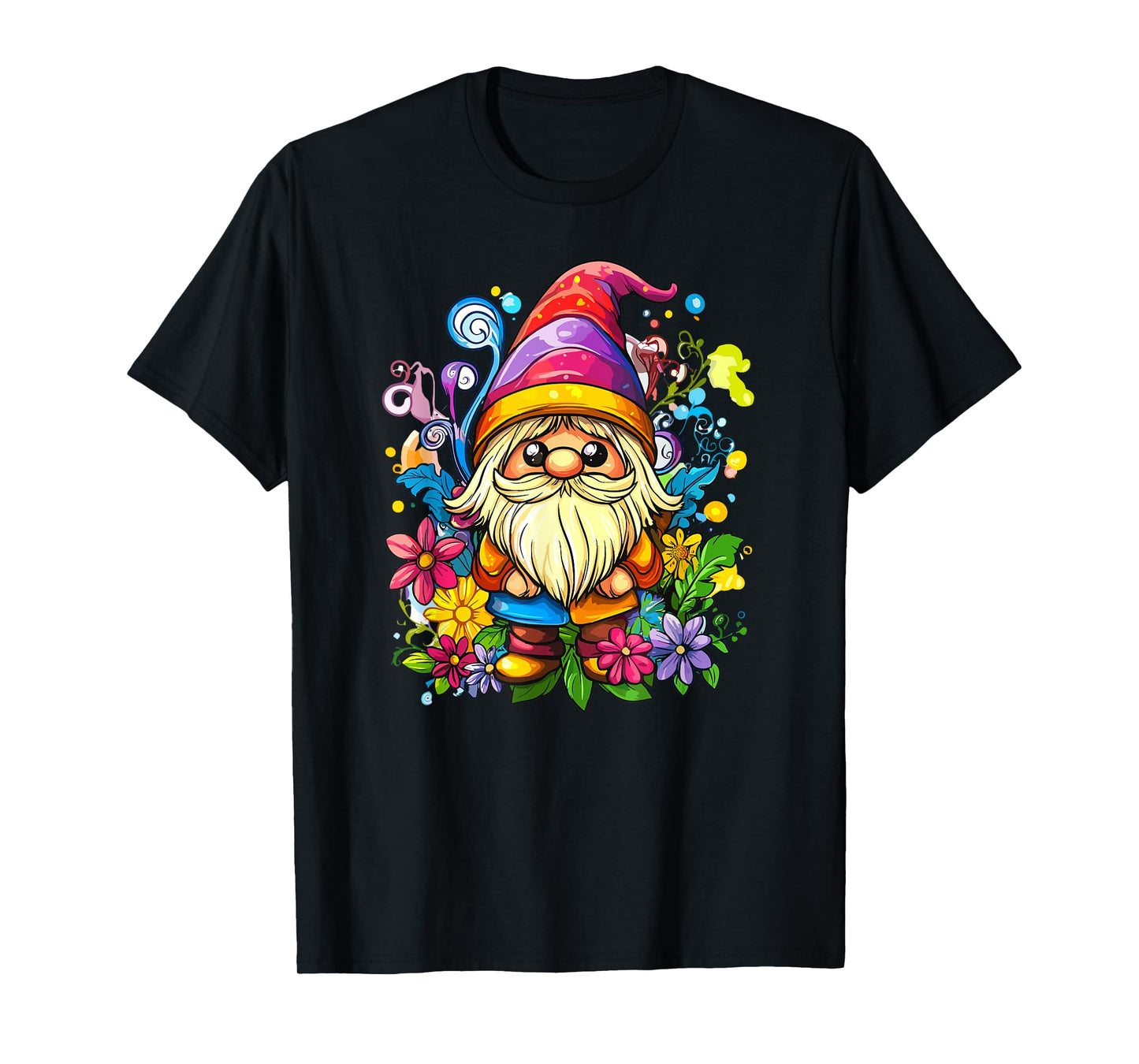Vibrant Whimsical Gnome Surrounded By Flowers T-Shirt