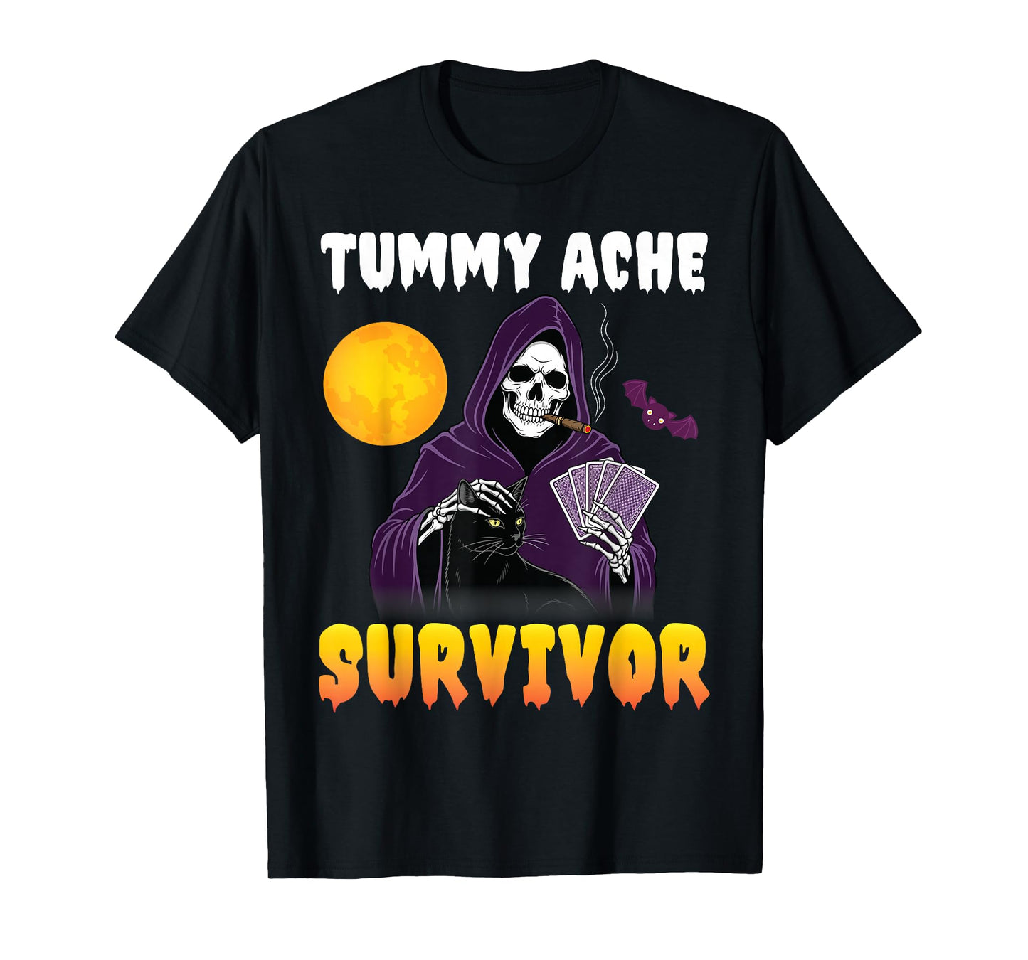 Tummy Ache Survivor Grim Reaper with Black Cat Funny Humor T-Shirt
