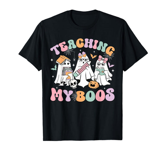 Teaching My Boos Cute Book Ghost Groovy Teacher Halloween T-Shirt for Men Women Kids