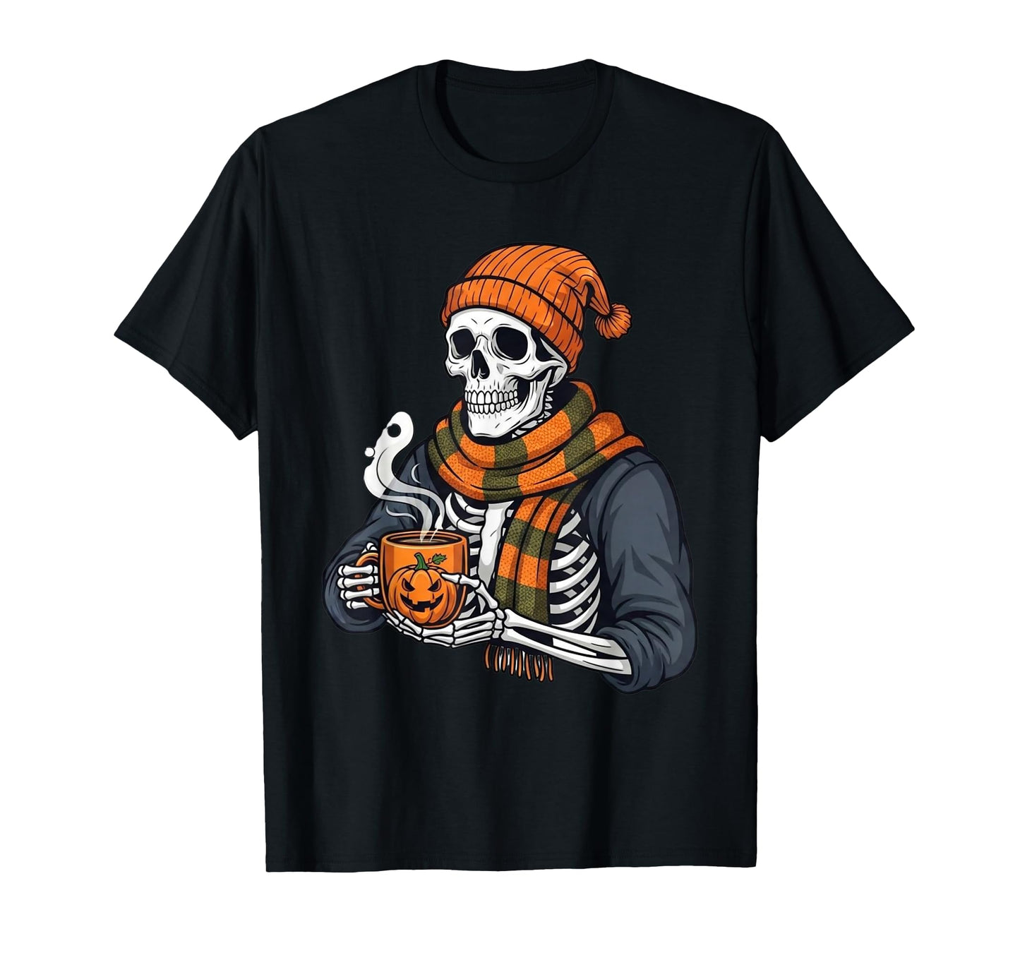 Comfy Skeleton Drinking Coffee – Funny Spooky Halloween T-Shirt