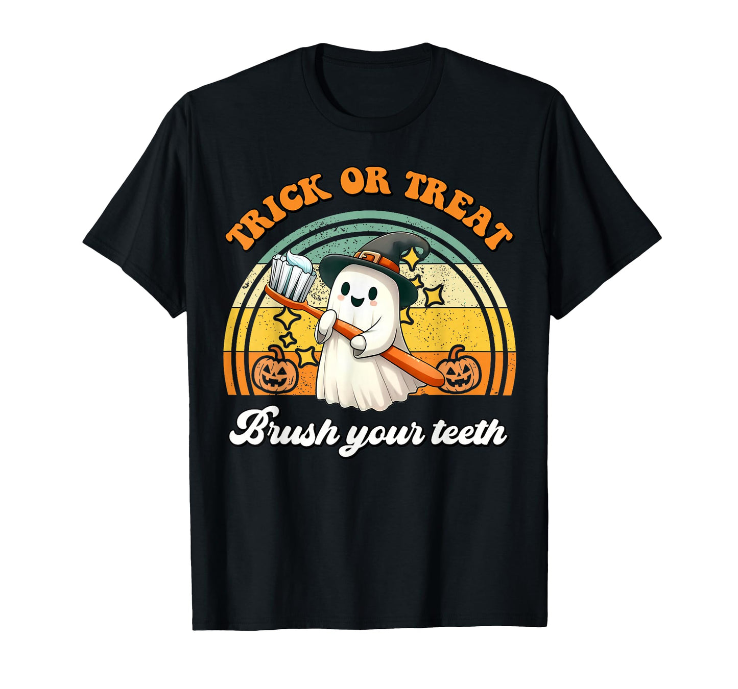 Trick Or Treat Brush Your Teeth Retro Halloween Cute Dentist T-Shirt