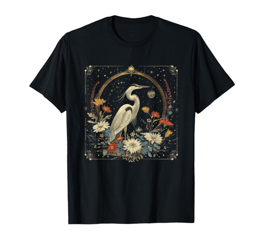 Cute Cottagecore Floral Celestial Heron Aesthetic Women Men T-Shirt