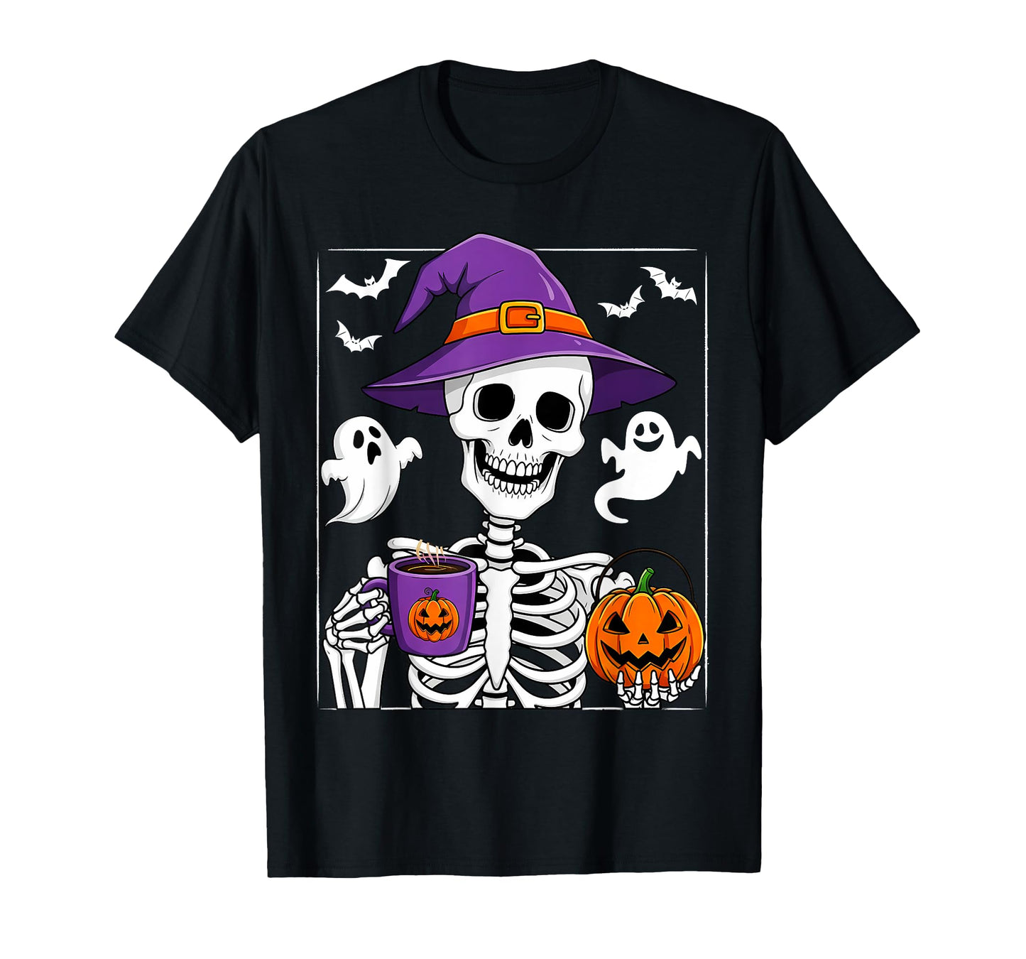 Halloween Skeleton Pumpkin Coffee Funny Costume Men Women T-Shirt
