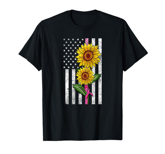 Sunflower US Flag Pink Ribbon Breast Cancer American Gift T-Shirt