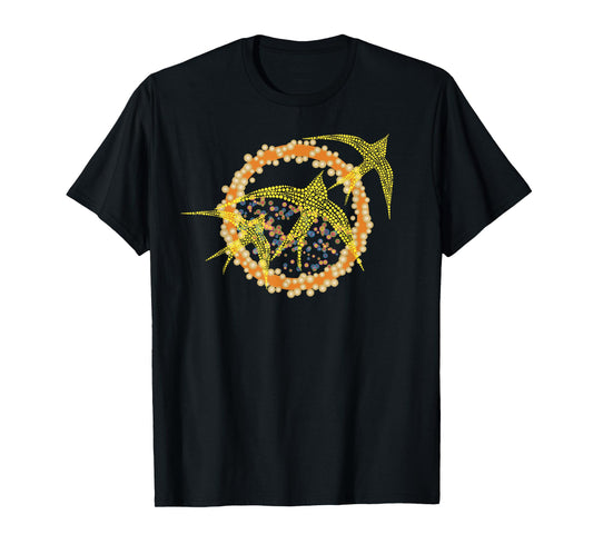 3 Birds Flying, Birding Sun Art with Orange Dots and Circles T-Shirt