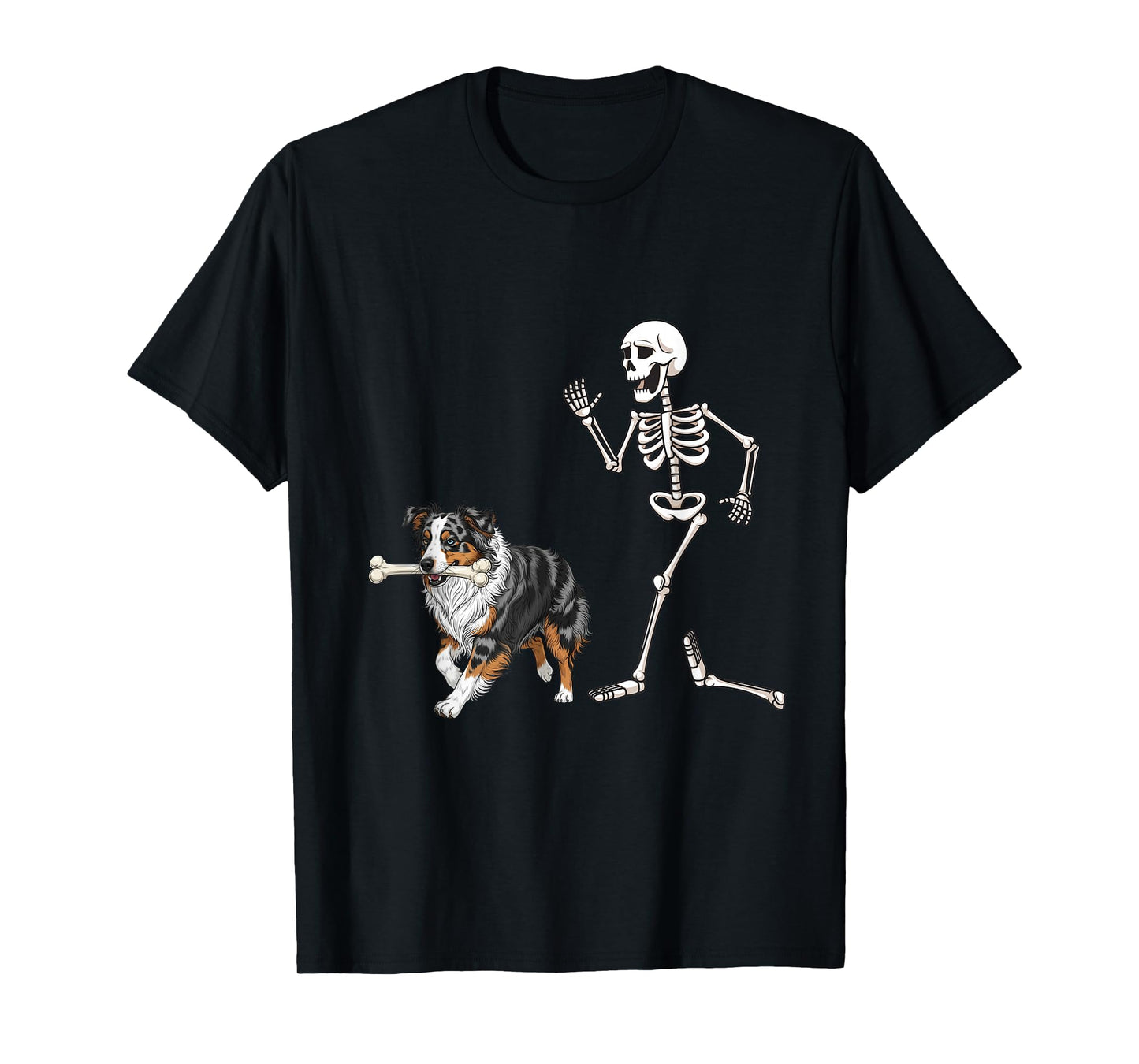 Funny Halloween Australian Shepherd and Skeleton T-Shirt