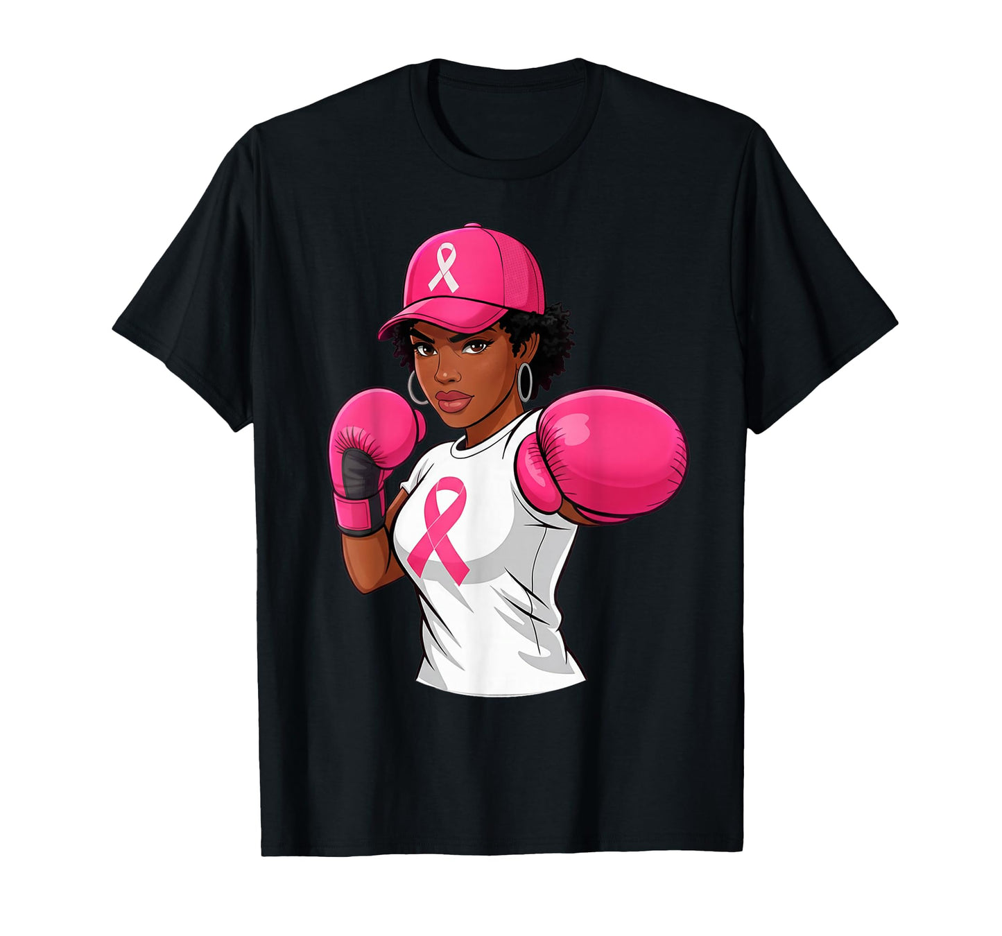 Women Black African American Breast Cancer Afro Pink Ribbon T-Shirt