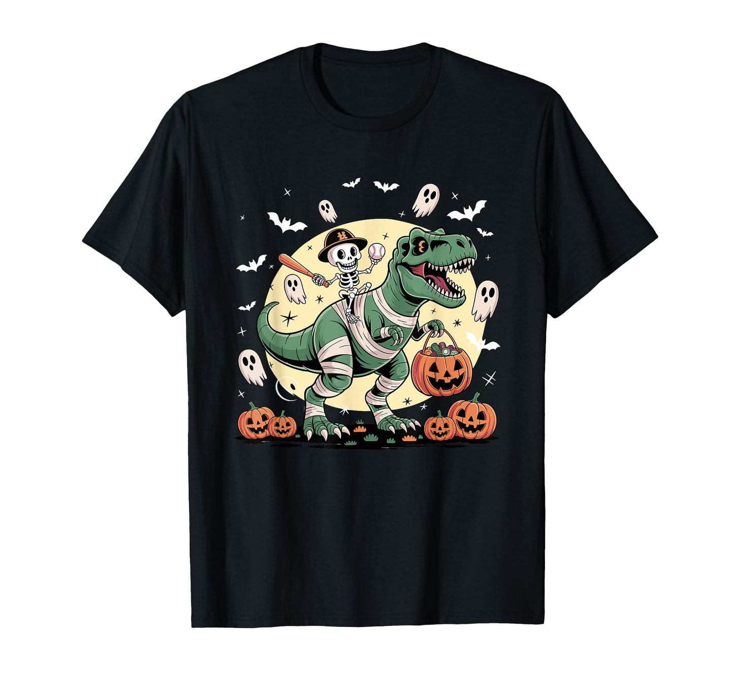Baseball Skeleton Riding Mummy Dinosaur T-Rex Halloween Boys T-Shirt