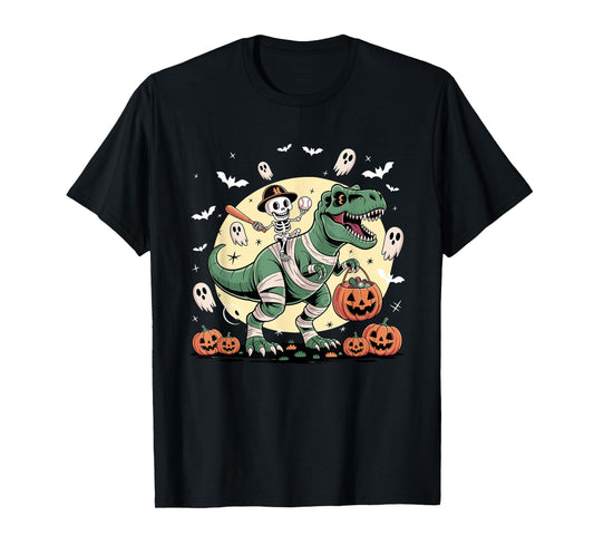 Baseball Skeleton Riding Mummy Dinosaur T-Rex Halloween Boys T-Shirt