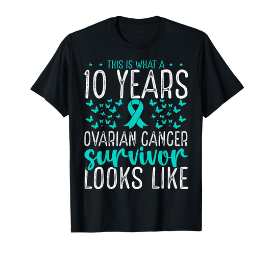 10 Years Cancer Survivor Ribbon Ovarian Cancer Awareness T-Shirt