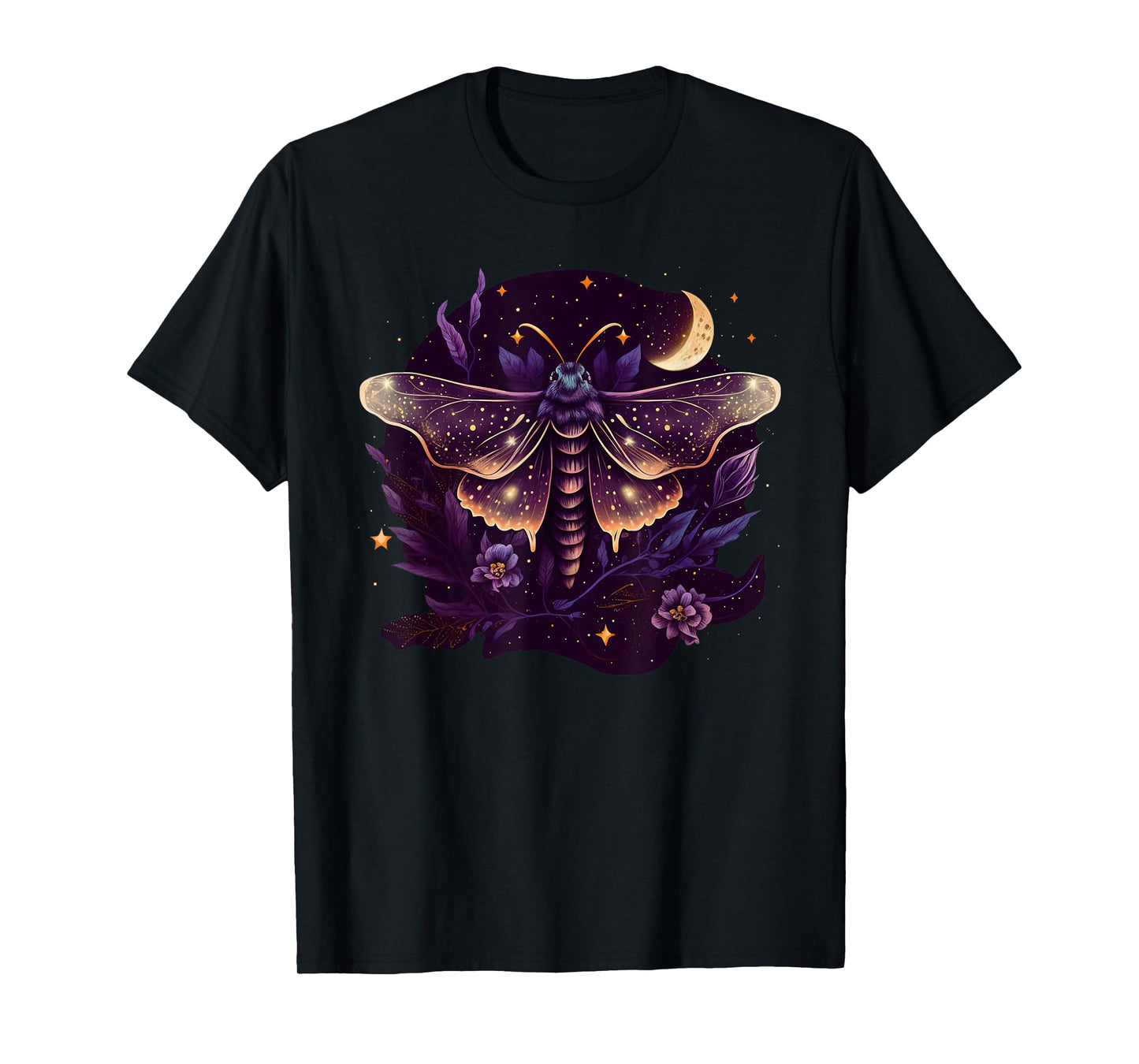 Moth with moon, butterfly, flowers, stars, night, vintage T-Shirt