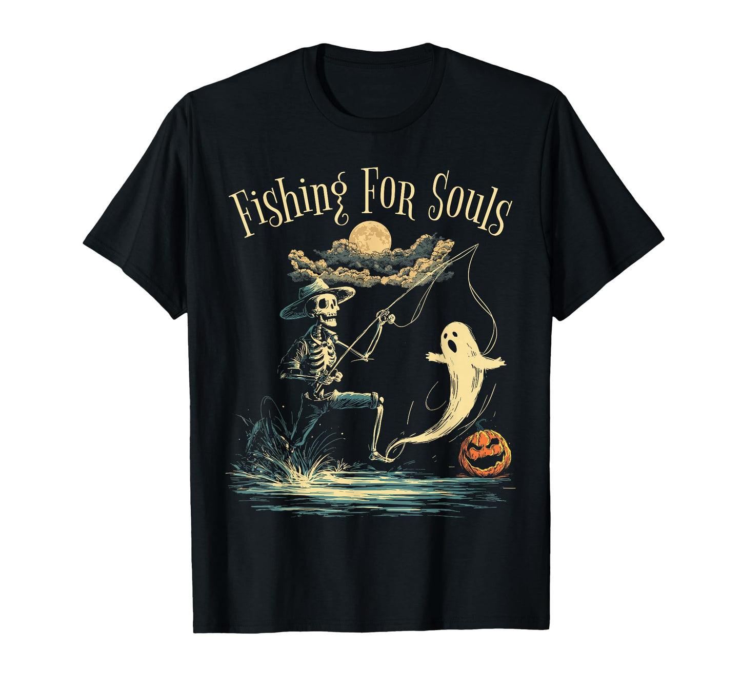 Fishing for Souls - Vintage Skeleton Ghost Gothic Halloween T-Shirt