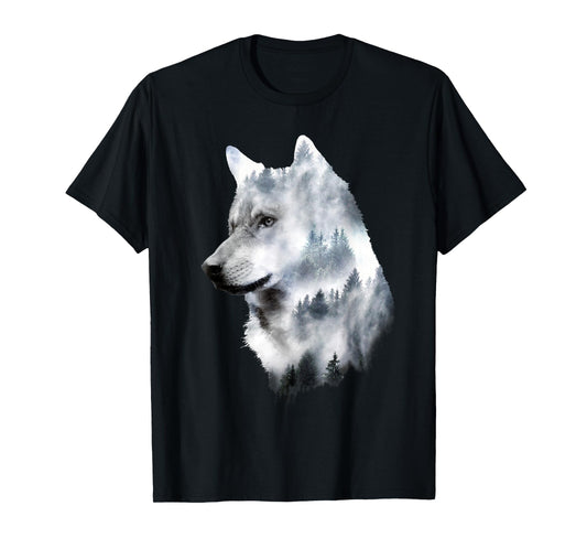 Dramabite Double Exposure Wolf T-Shirt - Men's Unisex Black Small Classic Fit Short Sleeve Animal-Wolf Graphic T-Shirt