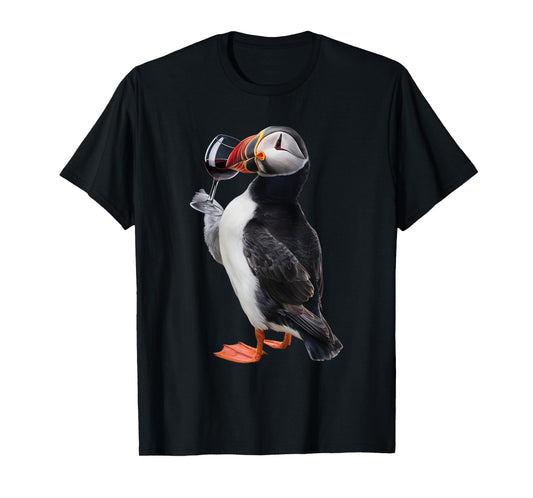 Atlantic Puffin Drinking Wine Realistic T-Shirt