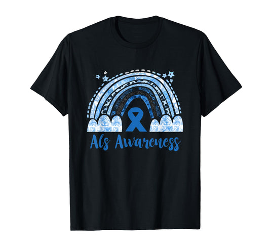 ALS Awareness Blue Ribbon Rainbow Motor Neuron Disease T-Shirt